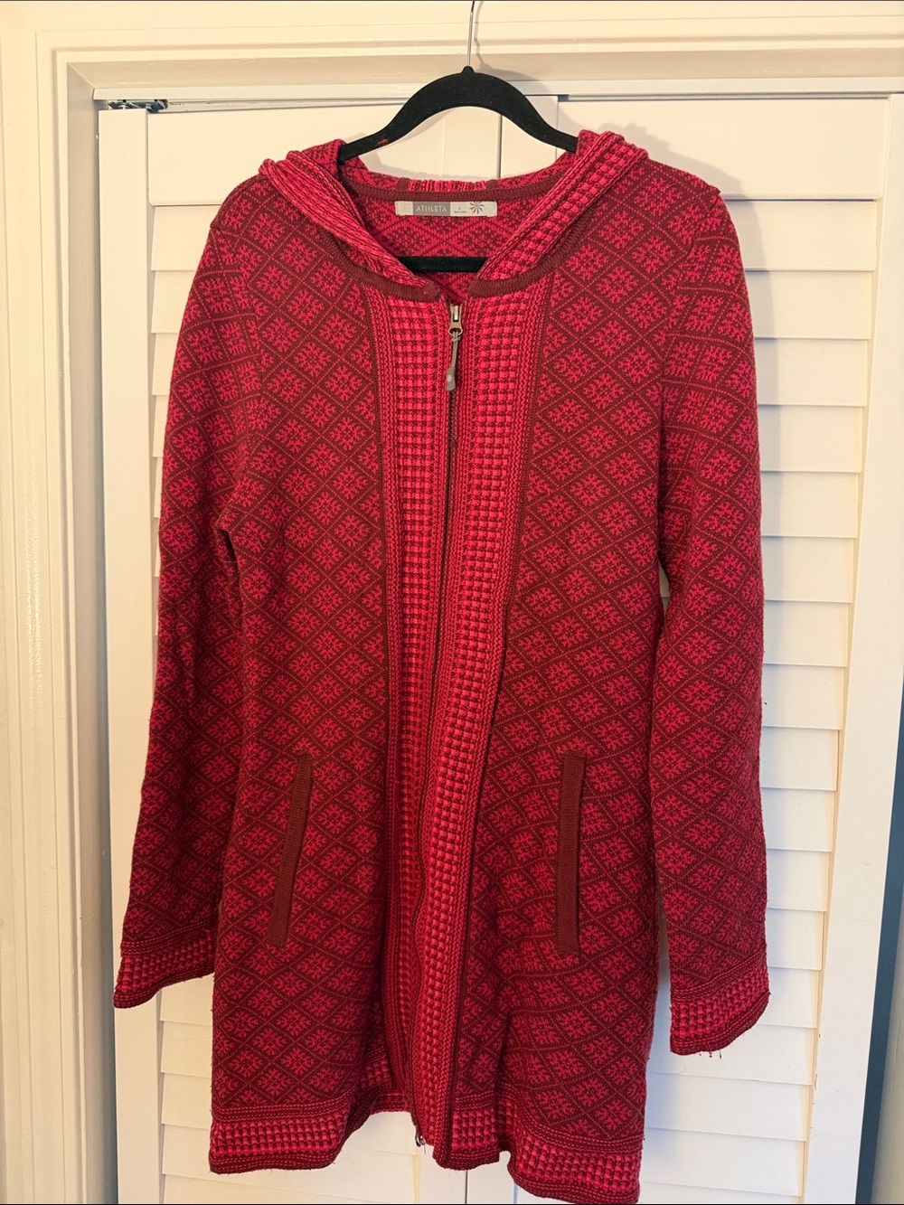 Athleta Pink-Red Hooded Zip Knit Cardigan